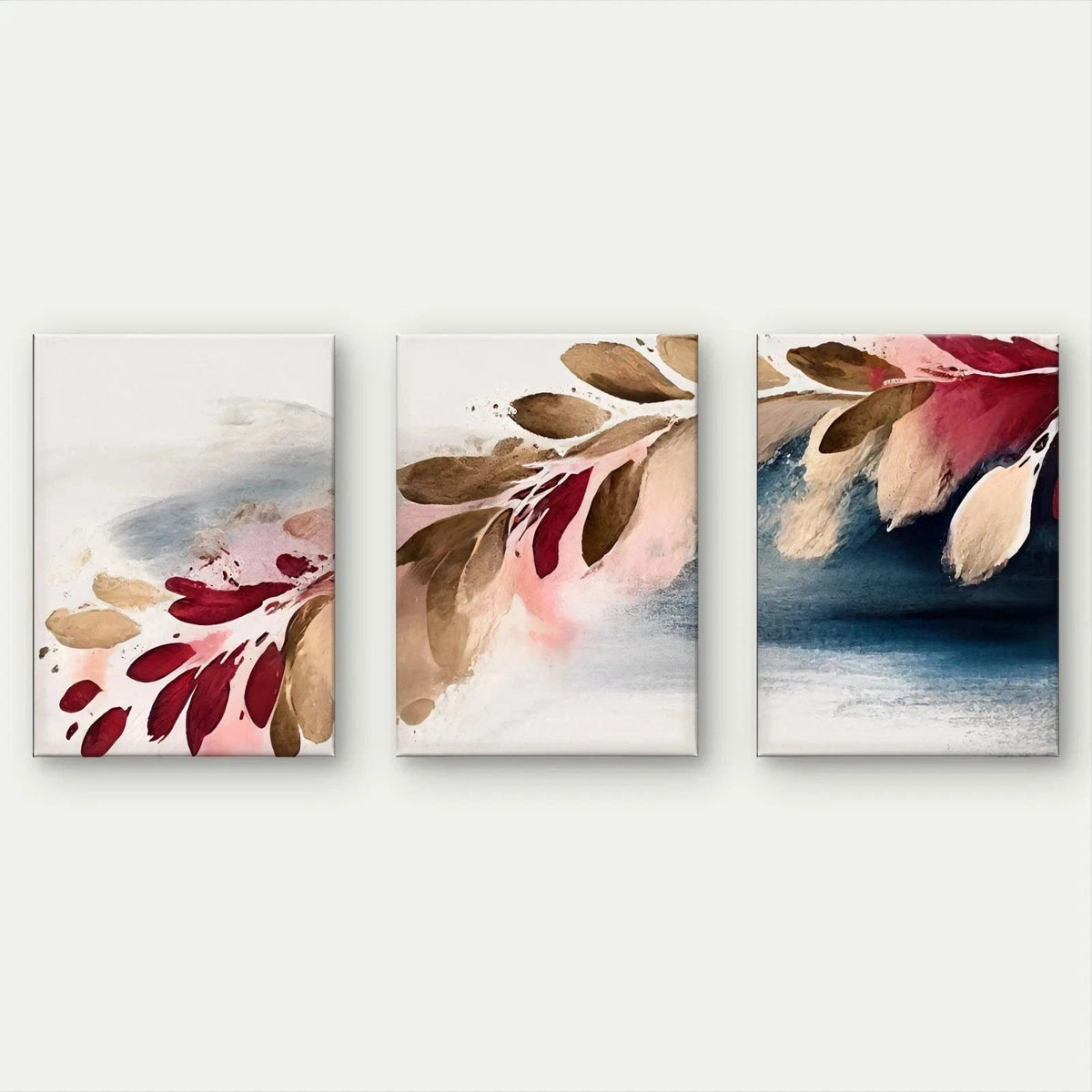 3pcs Modern Abstract Burgundy and Gold Leaves Wall Art Set Canvas Framed 40x60cm - High Quality Print 100% Australian Made Wall Canvas Ready to Hang