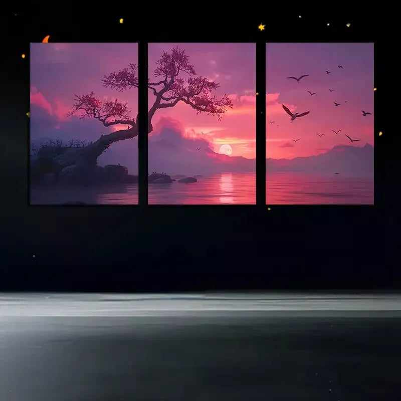 3pcs Cherry Blossoms By A Lake Canvas Framed 40x60cm - High Quality Print 100% Australian Made Wall Canvas Ready to Hang