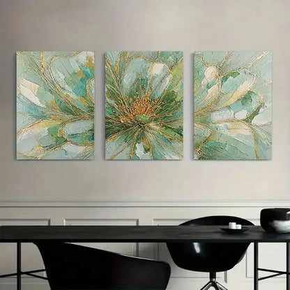 3pcs Flower with Light Green-Golden and Golden Metal Print Ready to Hang Art