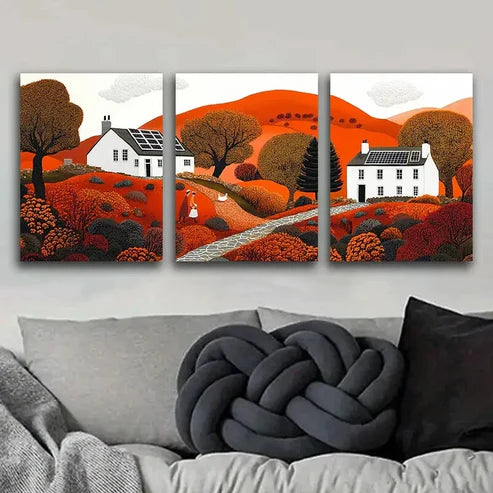3pcs Autumn Sun House Colorful Sharpe Perfect Wall Art Set Canvas Unframed - High Quality Print 100% Australian Made Wall Canvas