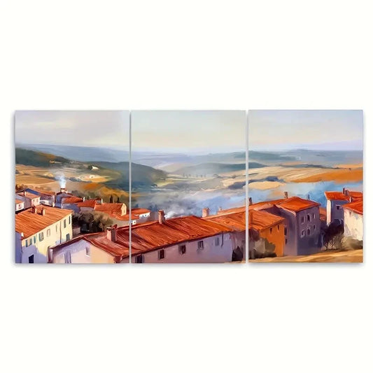 3pcs Golden Hour Village Warm Sunset Scene Metal Print Ready to Hang Art