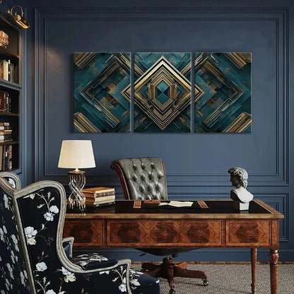 3pcs Abstract Geometric Wall Art with Metallic Metal Print Ready to Hang Art