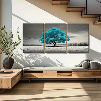 3pcs Surreal Blue Leaves Tree Painting Metal Print Ready to Hang Art