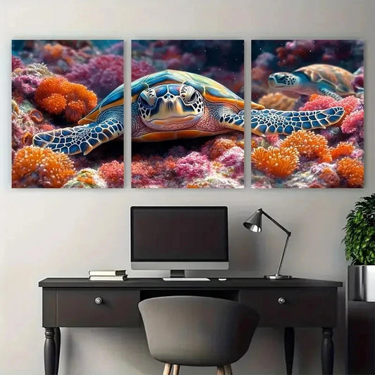 3pcs Coral Reef Sea Life Tropical Fish Sea Turtle Metal Print Ready to Hang Art