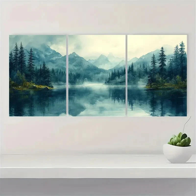 3pcs Mountain Lake Landscape Watercolor Painting Metal Print Ready to Hang Art
