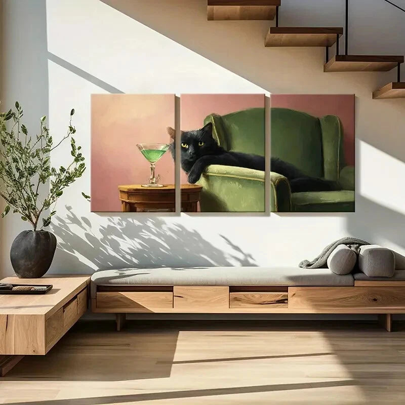 3pcs Black Cat Green Cocktail & Vintage Sofa Metal Print Ready to Hang Art