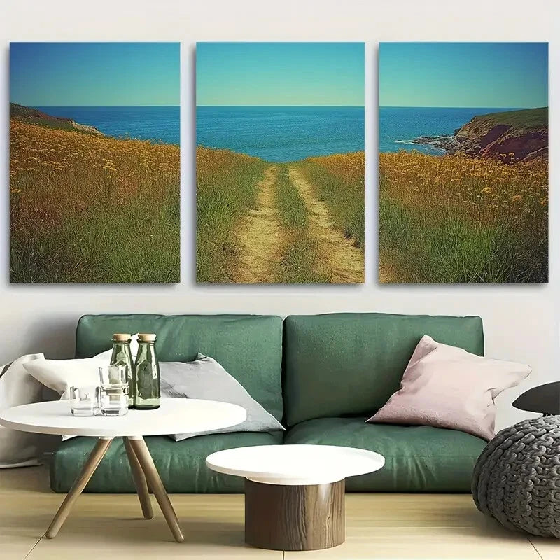 3pcs Deserted Road Under Clear Blue Sky Metal Print Ready to Hang Art