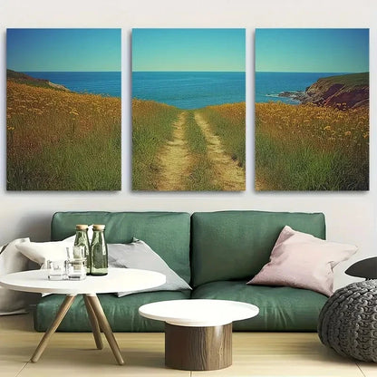 3pcs Deserted Road Under Clear Blue Sky Metal Print Ready to Hang Art