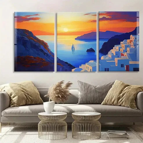 3pcs Vibrant Seascape Santorini Sunset Perfect Wall Art Canvas Unframed - High Quality Print 100% Australian Made Wall Canvas