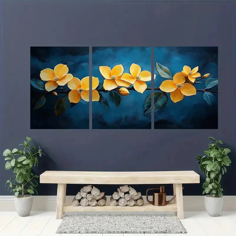 3pcs Vibrant Yellow Jasmine Flower Elegant Floral Metal Print Ready to Hang Art