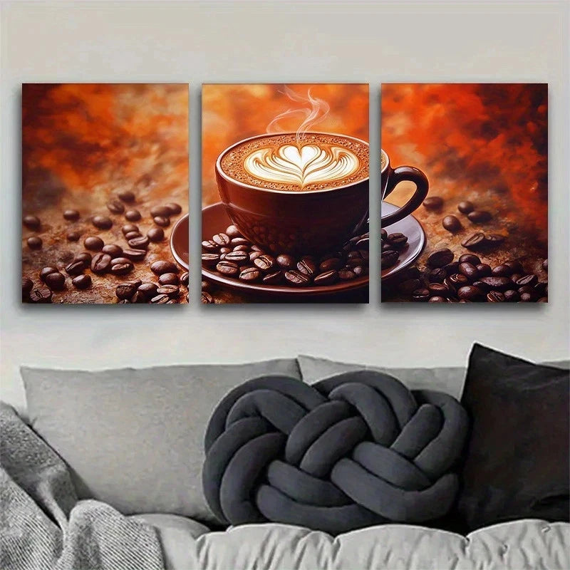 3pcs Cappuccino and Coffee Bean Design Metal Print Ready to Hang Art