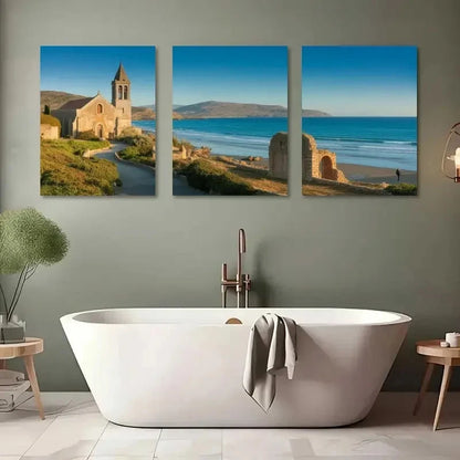 3pcs Natural Beach Scene with Church & Blue Sea Metal Print Ready to Hang Art