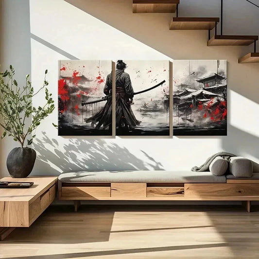 3pcs Japanese Style Sakura Tree Samurai Wall Art Set Canvas Framed 40x60cm - High Quality Print 100% Australian Made Wall Canvas Ready to Hang