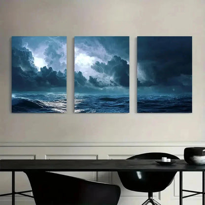 3pcs Dark Blue Stormy Sea & Thunder Sky Scene Metal Print Ready to Hang Art