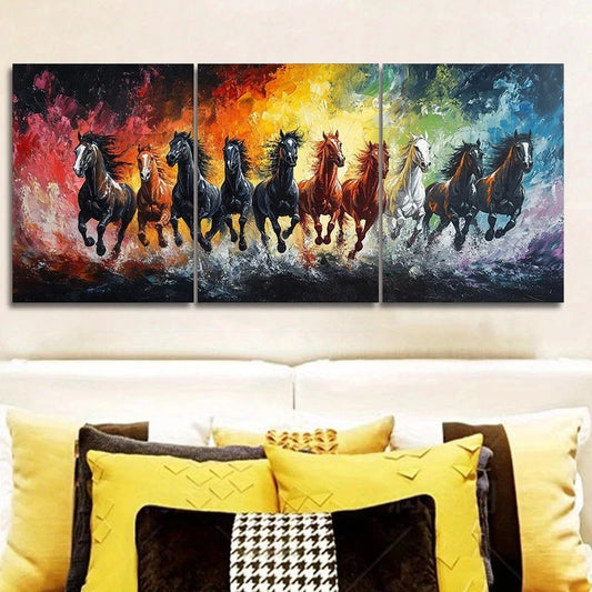 3pcs Galloping Horses Vibrant Colors Metal Print Ready to Hang Art
