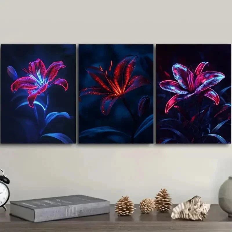 3pcs Featuring Neon Lily Flowers Wall Art Set Canvas Framed 40x60cm - High Quality Print 100% Australian Made Wall Canvas Ready to Hang