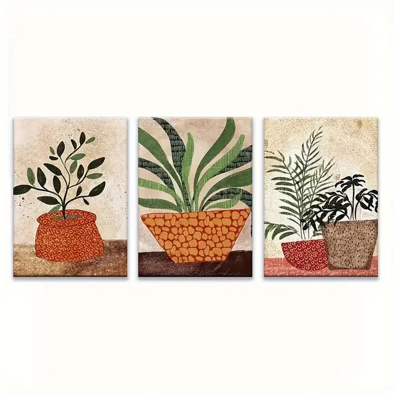 3pcs Bohemian Green Abstract Bonsai Metal Print Ready to Hang Art