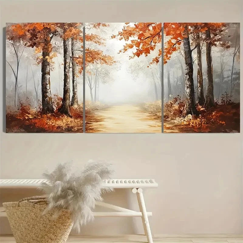 3pcs Vibrant Autumn Forest Misty Pathway with Tree Metal Print Ready to Hang Art