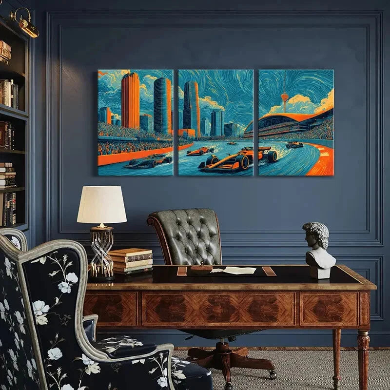 3pcs Cityscape Racing Art Formula One Cars Metal Print Ready to Hang Art