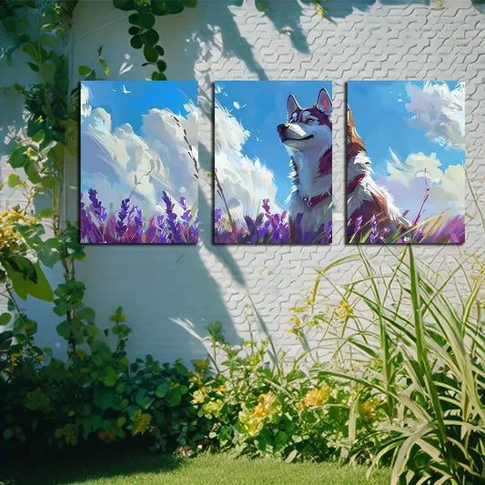 3pcs Vibrant Huskies & Floral Designs Metal Print Ready to Hang Art