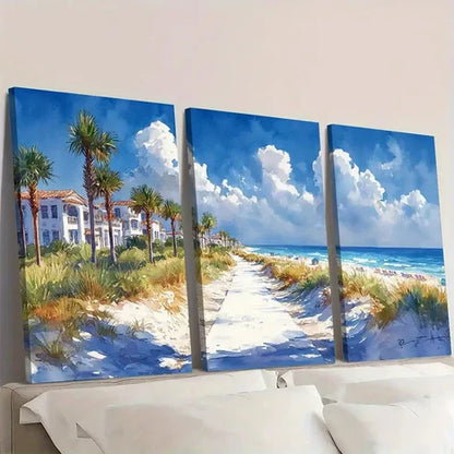 3pcs Seaside Beach Scene with Palm SB  Wall Art Set Canvas Unframed - High Quality Print 100% Australian Made Wall Canvas