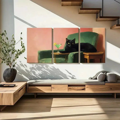 3pcs Black Cat Green Cocktail Modern Sofa Metal Print Ready to Hang Art