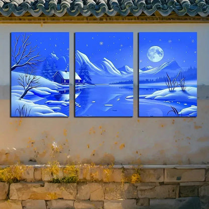 3pcs Rustic Winter Night Scene with Moon Metal Print Ready to Hang Art