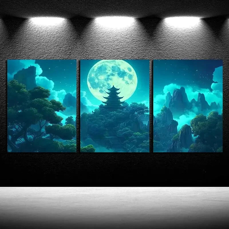 3pcs Ancient Pagoda Landscape, Full Moon Night Metal Print Ready to Hang Art
