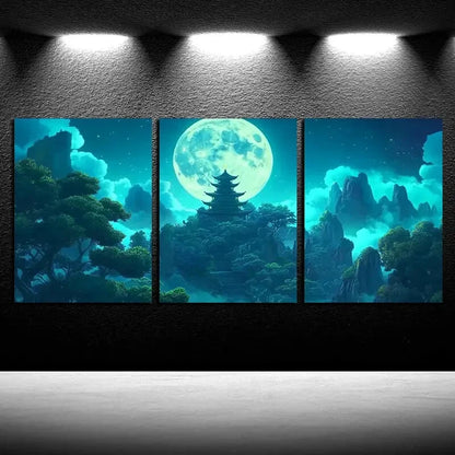3pcs Ancient Pagoda Landscape, Full Moon Night Metal Print Ready to Hang Art
