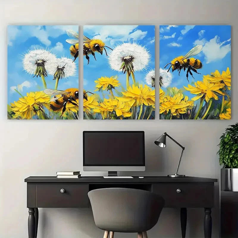 3pcs Vibrant Dandelion Flowers Honeybee Design Metal Print Ready to Hang Art