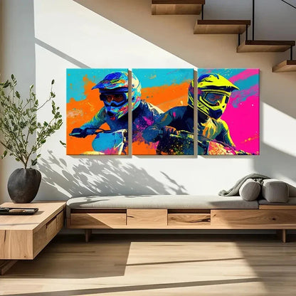 3pcs Vibrant Motocross Riders Colorful Splash Metal Print Ready to Hang Art