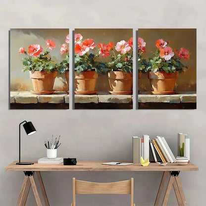 3pcs Featuring Geranium Oil Painting Metal Print Ready to Hang Art