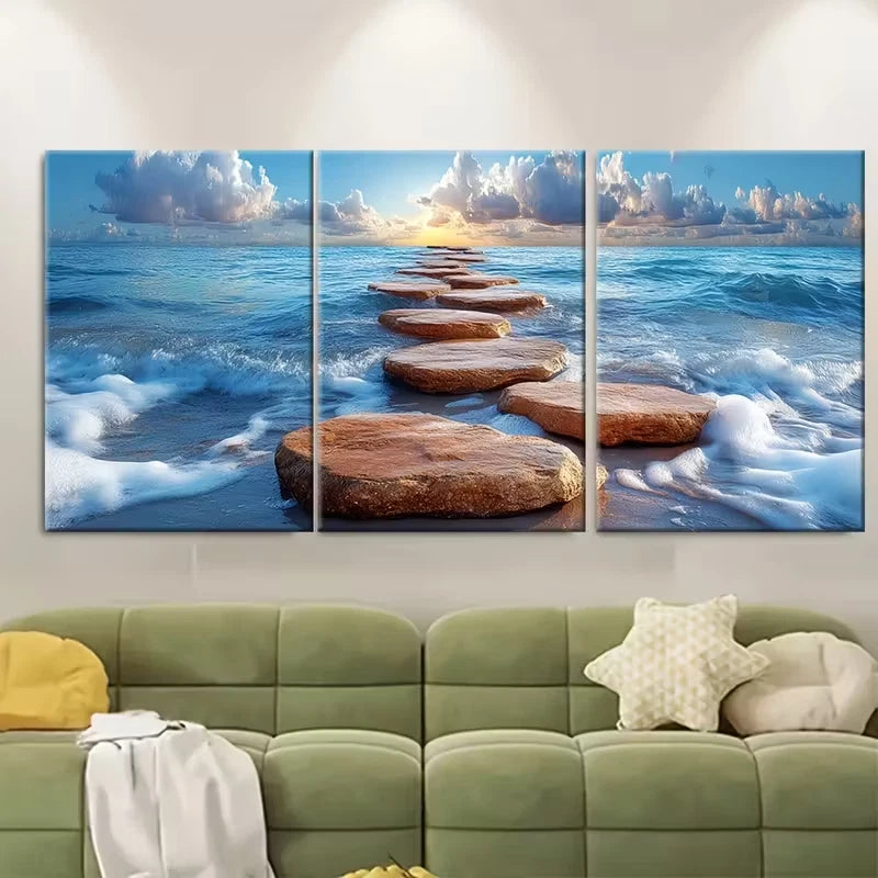 3pcs Rocks Leading to Vast Open Sea Metal Print Ready to Hang Art