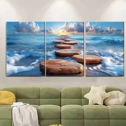 3pcs Rocks Leading to Vast Open Sea Metal Print Ready to Hang Art