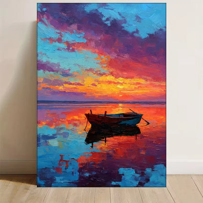 Vibrant Sunset Boat Scene, Nautical 60x90cm Metal Print Ready to Hang