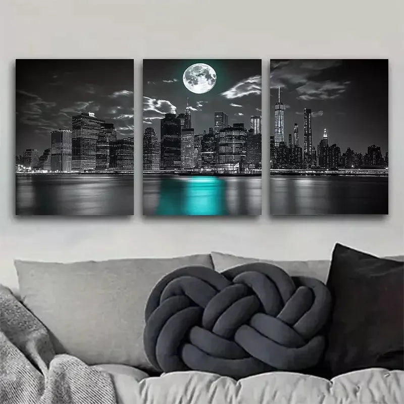 3pcs Black & White Cityscape with MoonlightArt Set Canvas Framed 50x70cm -  High Quality Print 100% Australian Made Wall Canvas Ready to Hang
