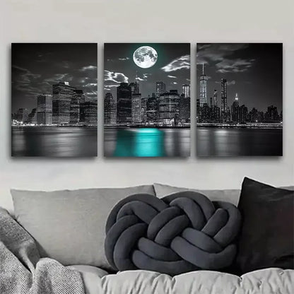 3pcs Black & White Cityscape with MoonlightArt Set Canvas Framed 50x70cm -  High Quality Print 100% Australian Made Wall Canvas Ready to Hang