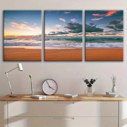 3pcs Sunset Sunrise Beach Waves Coastal Wall Art Set Canvas Framed 50x70cm - High Quality Print 100% Australian Made Wall Canvas Ready to Hang