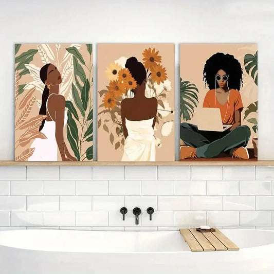 3pcs Black Women with Floral & Abstract Designs Metal Print Ready to Hang Art