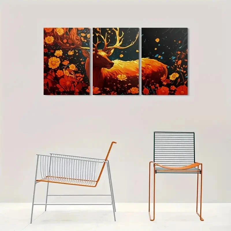 3pcs Golden Deer Modern Floral Metal Print Ready to Hang Art