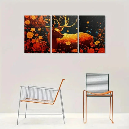 3pcs Golden Deer Modern Floral Metal Print Ready to Hang Art
