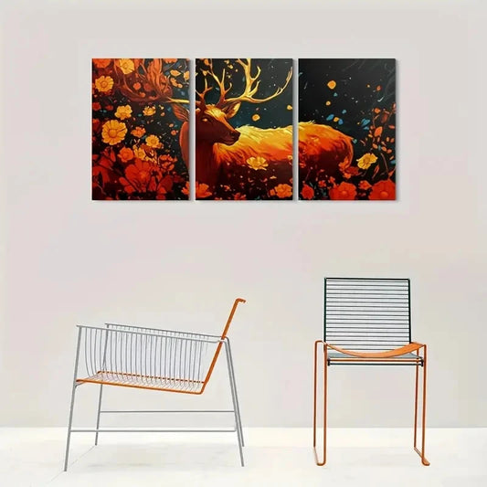 3pcs Golden Deer Modern Floral Metal Print Ready to Hang Art
