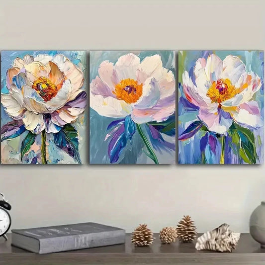 3pcs Peony Flower Textured Floral Paintings Metal Print Ready to Hang Art