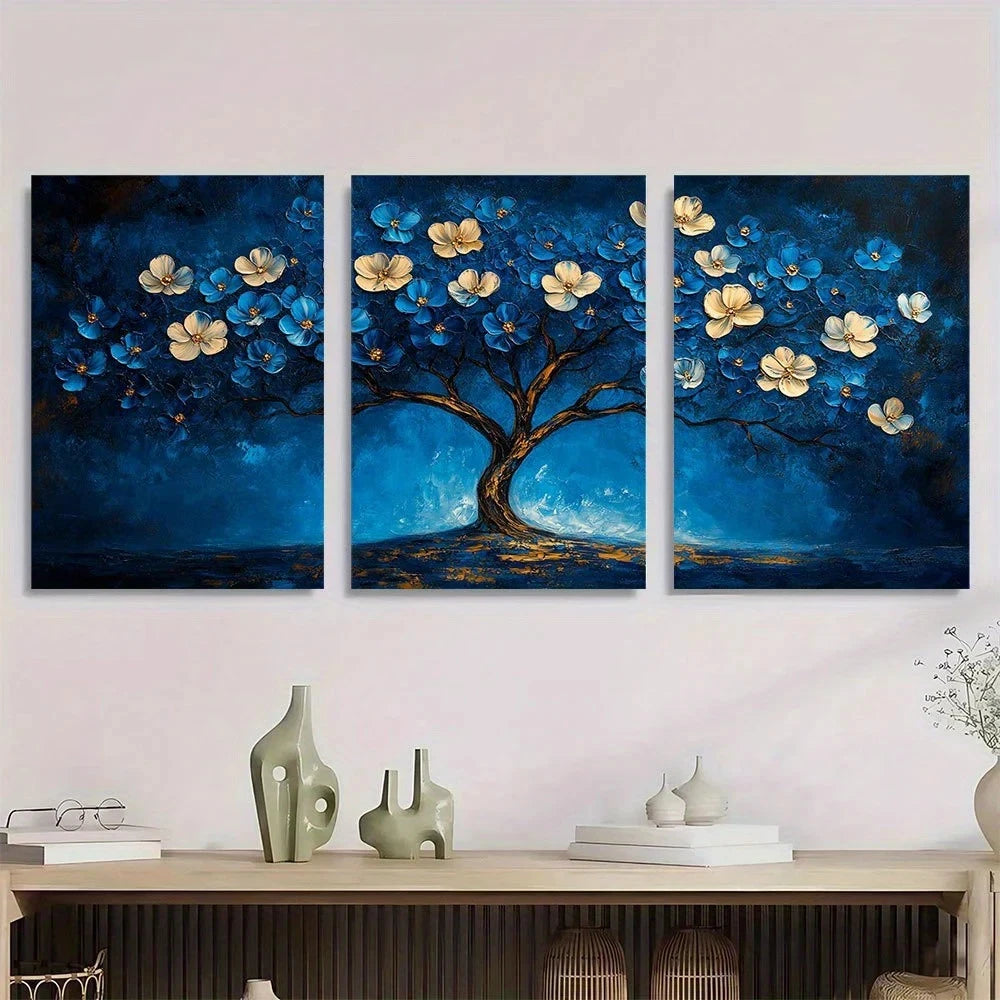 3pcs Abstract Vibrant Blue White Floral Metal Print Ready to Hang Art