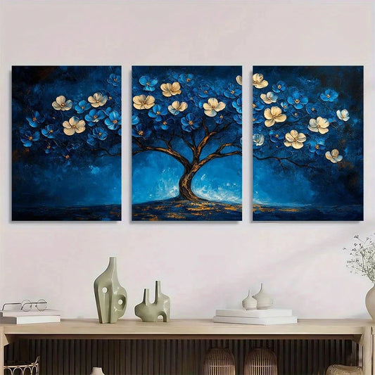 3pcs Abstract Vibrant Blue White Floral Metal Print Ready to Hang Art