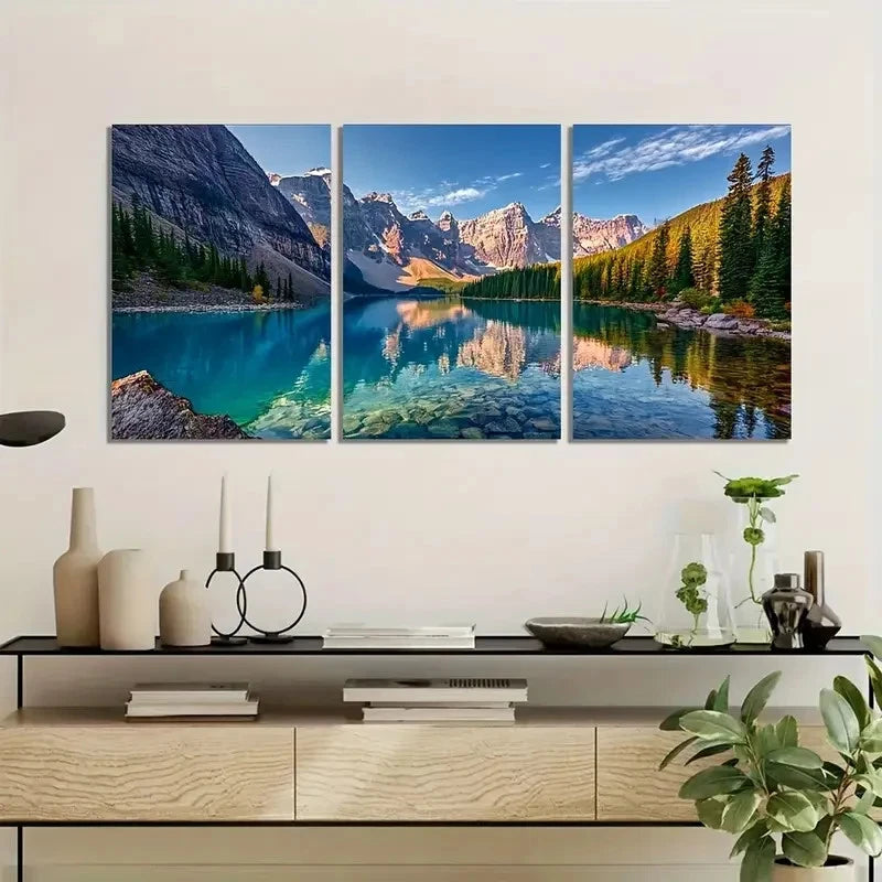 3pcs Moraine Lake Panorama Wall Painting Metal Print Ready to Hang Art