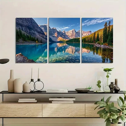 3pcs Moraine Lake Panorama Wall Painting Metal Print Ready to Hang Art