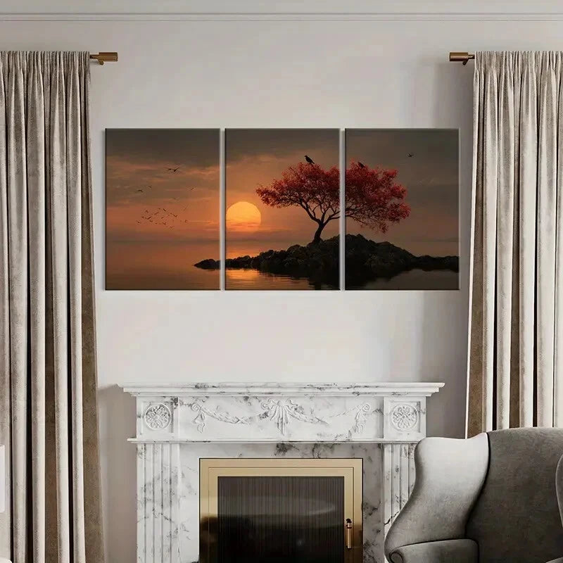 3pcs Sunset Tree Silhouette with Birds Orange Sky Metal Print Ready to Hang Art
