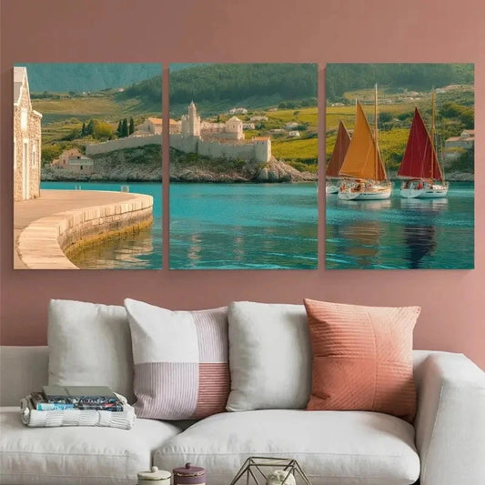 3pcs Seaside Village Sailboats Landscape Metal Print Ready to Hang Art