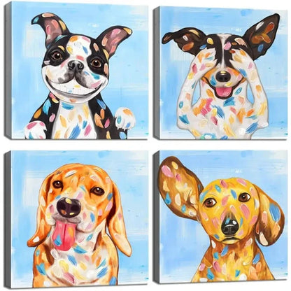 4pcs Puppy Artwork Dog Painting Funny Animal Wall Art Canvas Framed